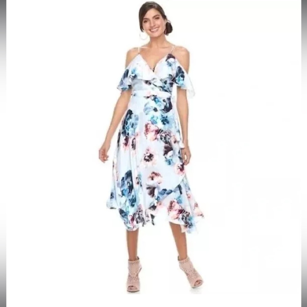 NWOT New Jennifer Lopez Blue Pink Floral Maxi Wrap Off Shoulder Dress Size XL